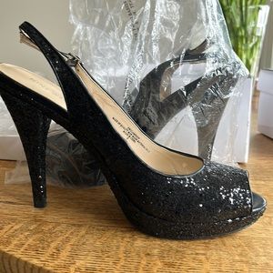 Black sequin peep toe platform heels